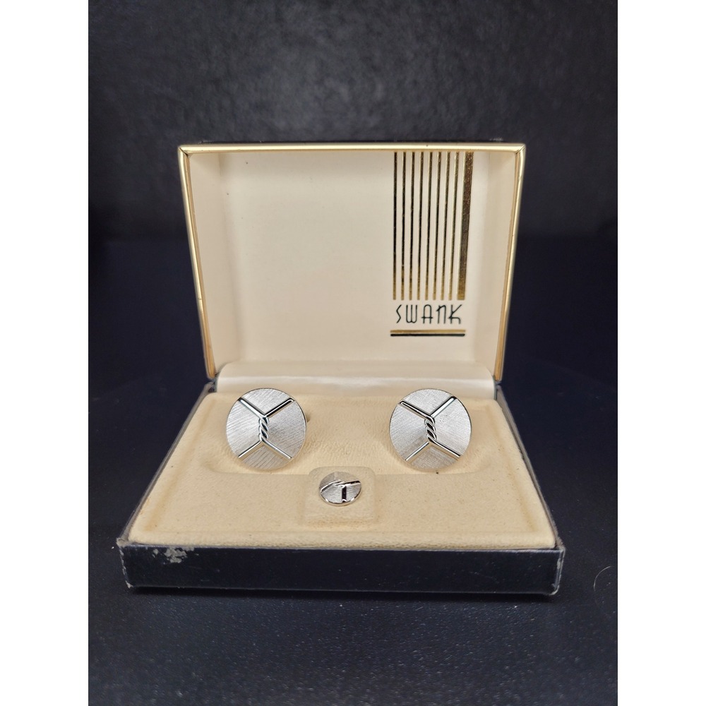 Swank Cufflink and Tie Tack Set Silver Tone Round Textured X Design with Box